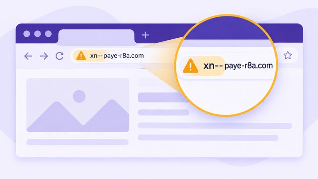 Tarayıcı adres çubuğunda Türkçe karakterli taklit bir alan adının xn-- ön ekiyle başlayan teknik yazımının büyüteçle vurgulandığı çizim
