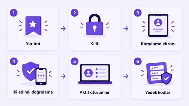 Yer imi, kilit paneli, karşılama ekranı, iki adımlı doğrulama, aktif oturumlar ve yedek kodlardan oluşan altı adımlık kontrol sırasının numaralı kartlarla gösterildiği görsel
