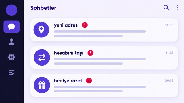 Yeni adres, hesap taşıma ve hediye rozet vaadi içeren üç taklit mesaj örneğinin üzerinde kırmızı uyarı işaretleriyle gösterildiği sohbet ekranı çizimi