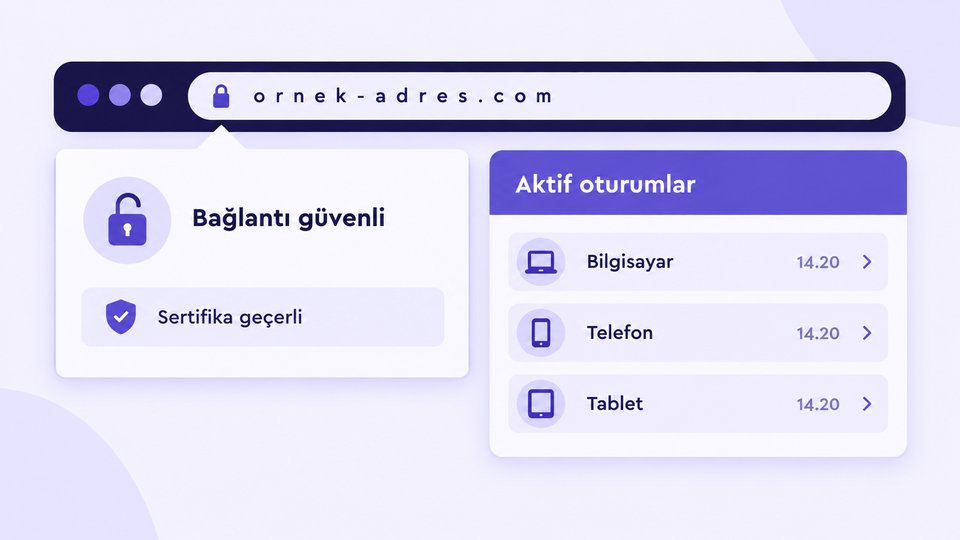 Adres çubuğunda harf harf okunan alan adı, açılmış kilit paneli ve Türkiye saatiyle listelenen aktif oturumların yan yana durduğu güvenli giriş çizimi