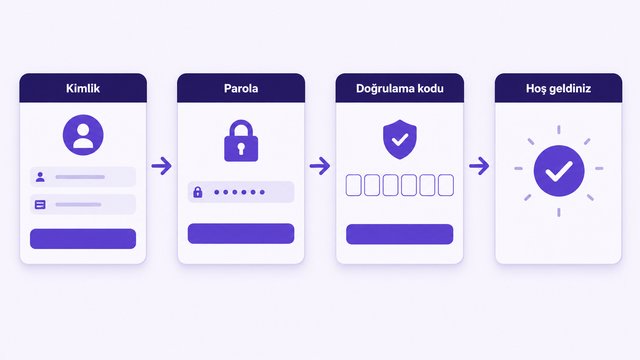 Kimlik alanı, parola, doğrulama kodu ve karşılama ekranından oluşan yeni Türkçe giriş akışının dört ekranının soldan sağa sıralandığı şema